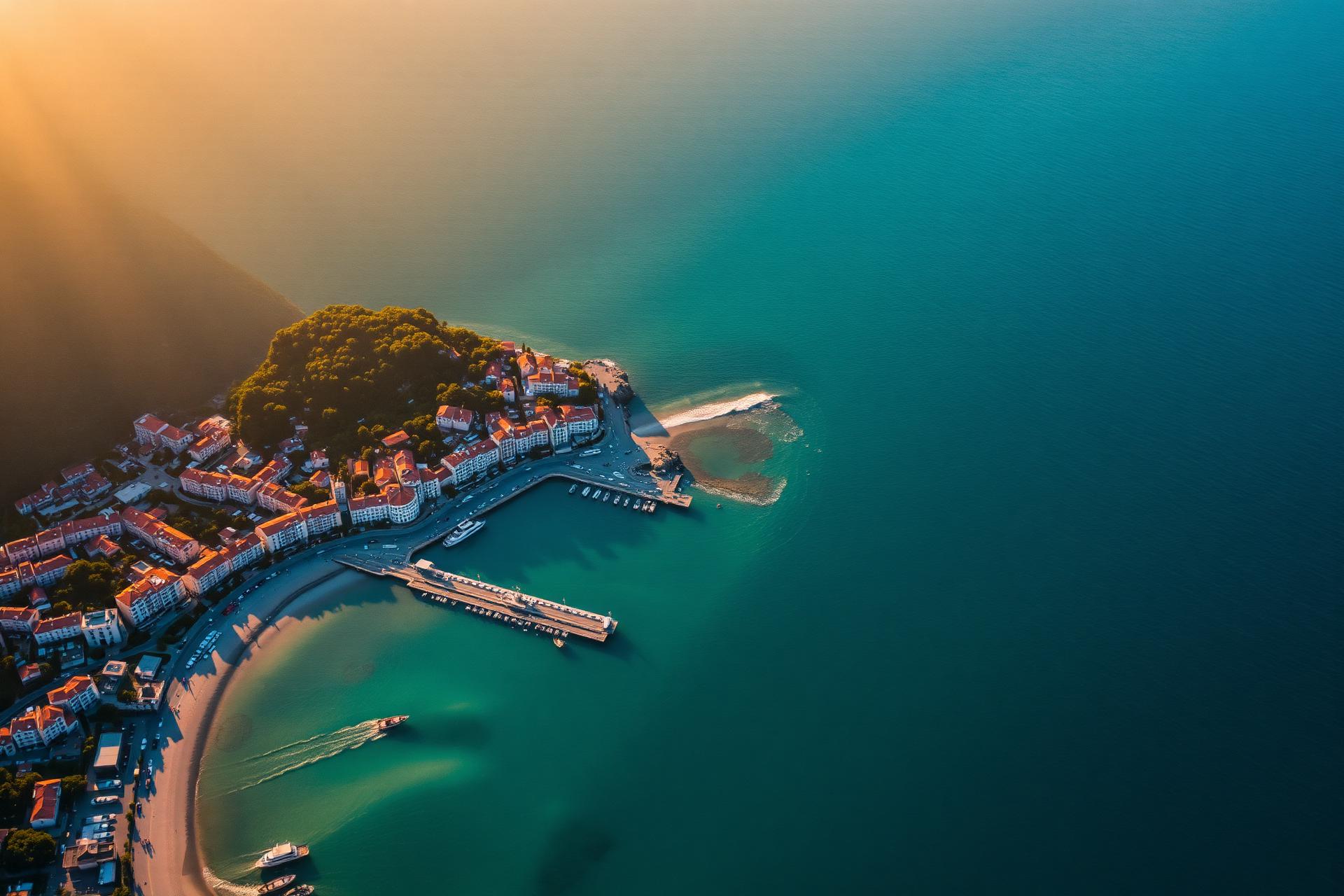 Aerial coastal city